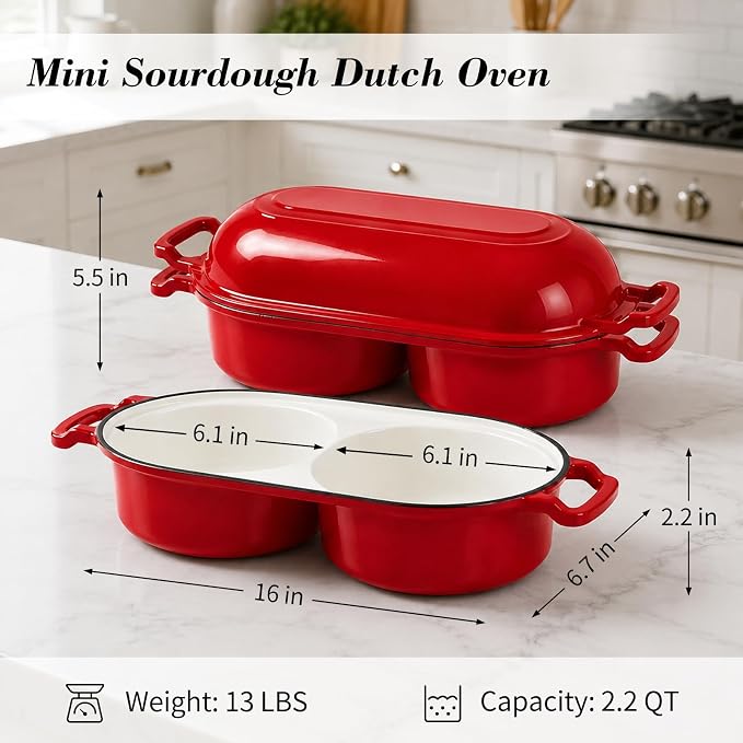 Double Dutch Oven for Sourdough Bread Baking, Enameled Cast Iron Bread Pot with Lid, Double Round Loaf Space, 500F Oven Safe, Non Stick Mini Loaf Pans for Homemade Cake Meatloaf