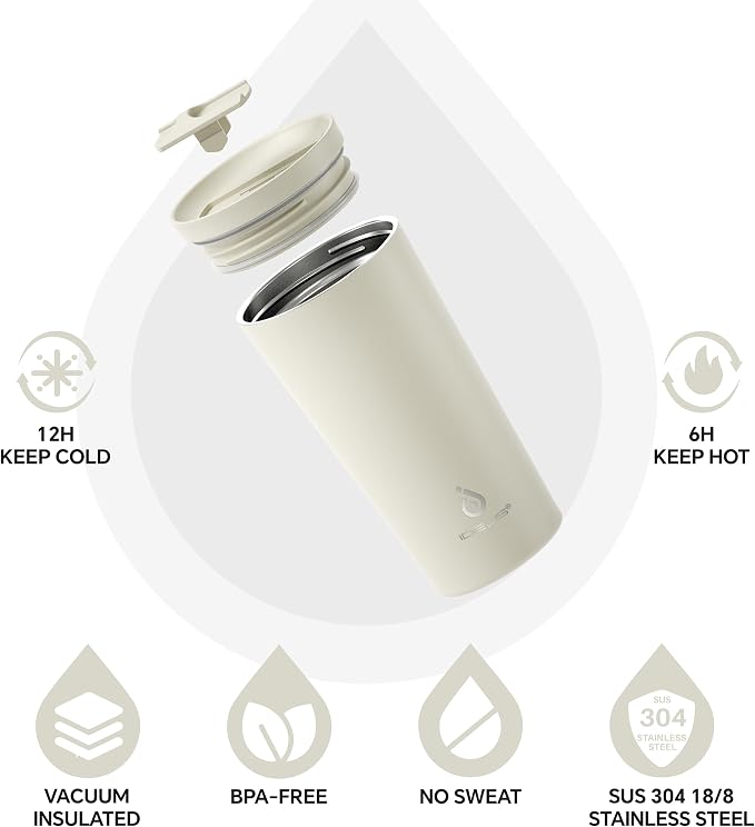 Ideus 17 oz Travel Coffee Mug, Double Wall Vacuum Stainless Steel Insulated Coffee Tumbler With Lid, Splash-Proof & Cup Holder Friendly, Keeps Drinks Hot/Cold, Dishwasher Safe, White
