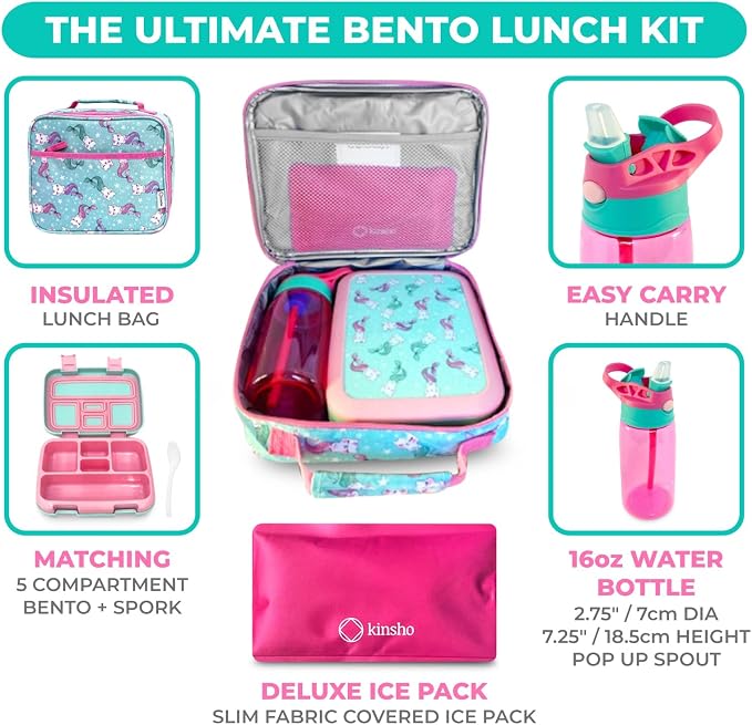 kinsho Kids Bento Lunch Box, Water Bottle, Ice Pack & Bag, Aqua Cat Mermaid | 5 Leakproof Portion Compartments, BPA-Free Removable Tray, Insulated Meal, Snack Container for Toddlers, Pre-School & Daycare