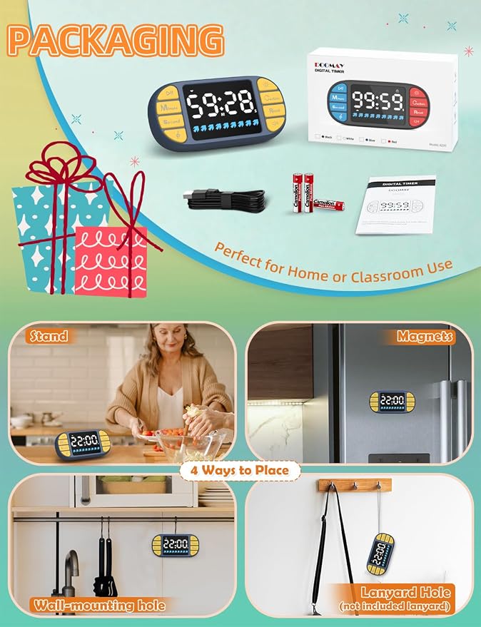 Digital Kitchen Visual Timer: 3.6'' Large LED Display, Magnetic, 3 Brightness, 4 Alarms and Volume, Memory Function, Countdown Count up for Cooking, Classroom, Home Gym, AAA Battery Included