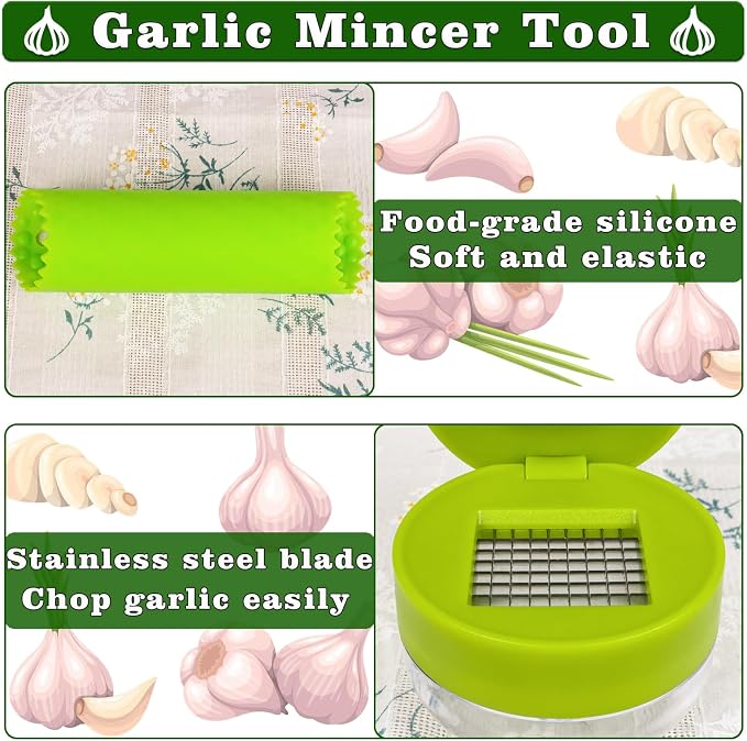 Garlic Press Stainless Steel, Garlic Mincer Tool with Storage Container, Garlic Chopper with Peeler Skin and Cleaning Brush