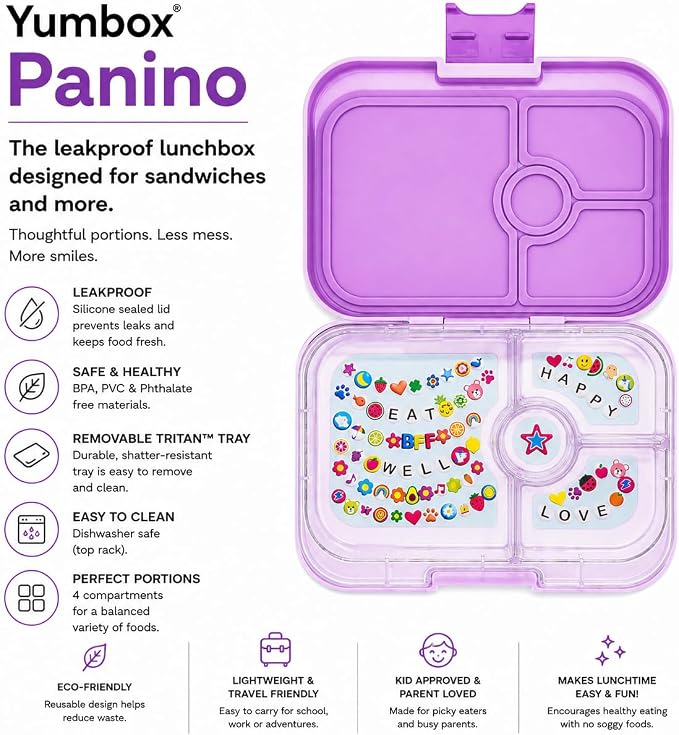 Yumbox Panino Leakproof Bento Lunch Box - Ami Purple (Friendship Tray) | Leakproof, Sandwich-friendly, Removable Tray with 3 Compartments + Dip well, BPA-Free, Easy Open Latch, Lightweight, Compact