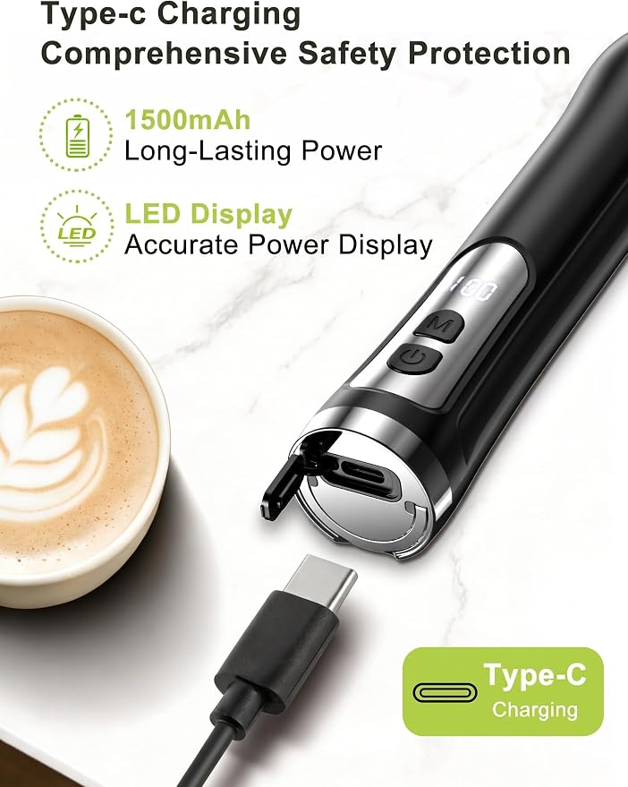 Rechargeable Milk Frother Handheld, IP67 Waterproof Coffee Frother with Digital Battery Display, 3-Speed Electric Milk Frother for Coffee, Latte, Cappuccino, Matcha, Protein Shakes & Eggs (White)
