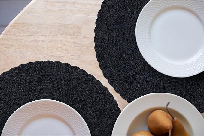 SHACOS Round Placemats Set of 6 Woven Round Table Mats 15 inch Braided Border Washable Cotton Polyester Circle Place Mats, Black (Pack of 2)