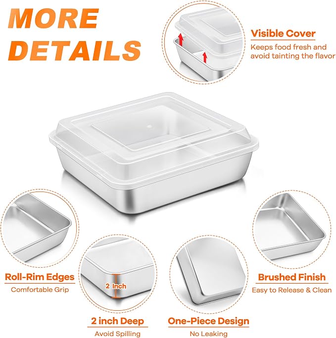 TeamFar 9 x 9 Baking Pan, Square Cake Pan with Lid - 2 Pans + 2 Lids | Stainless Steel for Baking Cooking Brownie Lasagna, Portable for Home Outdoor Camping, Non-Toxic & Dishwasher Safe
