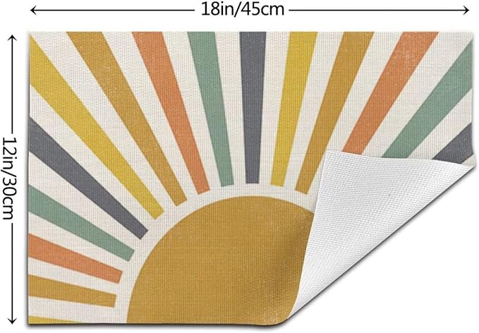 Summer Boho Placemats Set of 4, Yellow Stripes Sunshine Decorative Table Mat 12 x 18 Inch Heat Resistant Non Slip Line Fabric Rainbow Sun Place mat for Holiday Party Kitchen Dining Decor