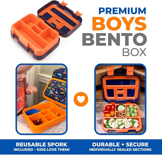 kinsho Dinosaur Bento Lunch Box Container for Small Kids Boys, Blue Orange | 5 Portion Sections, BPA-Free Spill-Proof Leakproof Removable Plastic Tray, Snacks and Lunches for Toddlers Pre-School Daycare