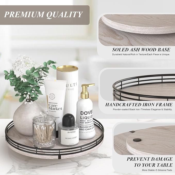 AMH 12-Inch Whitewashed Farmhouse Lazy Susan Tray with Black Metal Frame | Smooth rotating oak tray with walnut finish for dining tables, kitchen counters, pantries and cabinet storage.