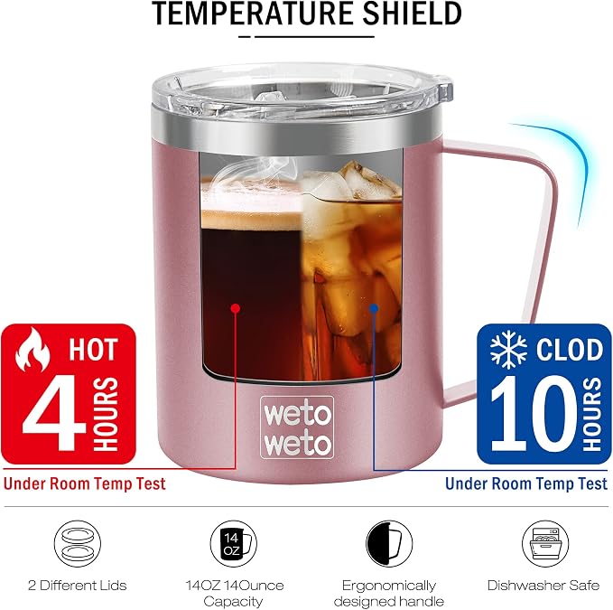 WETOWETO 14 oz Coffee Mug, Vacuum Insulated Camping Mug with Lid, Double Wall Stainless Steel Travel Tumbler Cup, Coffee Mugs Outdoor, Powder Coated Rose Gold Set of 2