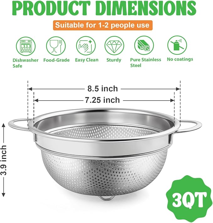 P&P CHEF 3 Quart Colander Strainer Stainless Steel Kitchen, 1PC | Metal Micro-Perforated Colander for Rinsing Washing Draining, Dishwasher Safe, Shiny Silver