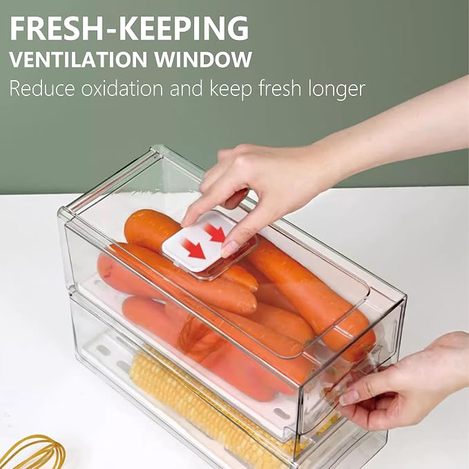 Fridge Organizers and Storage, BPA-Free Large Fridge Organizer (2 Drawers) | Stackable Reusable Transparent Refrigerator Organizer, Keep Fruits and Vegetables Fresh in refrigerator freezer, Food Storage