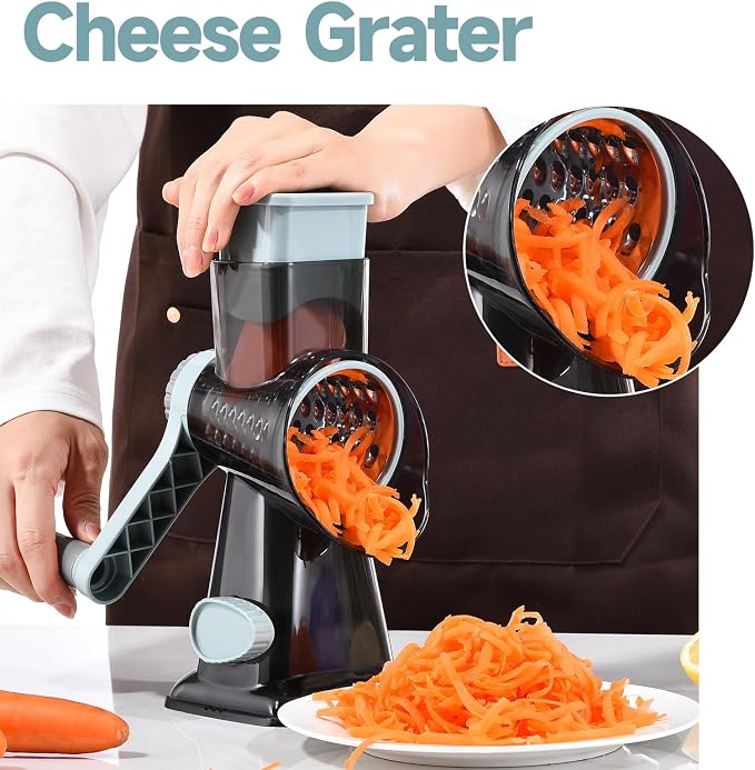Rotary Cheese Grater with Handle Kitchen Shredder Slicer Grater Slicer Ice Shaver Cheese Vegetable Nuts Potato Zucchini Chocolate 3 Interchangeable Blades (GreyBlue