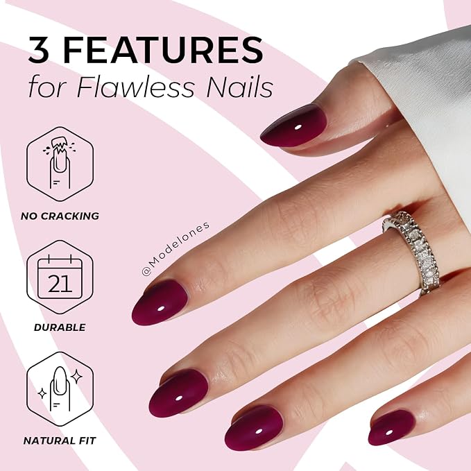 modelones Short Press on Nails, Oval Fake Nails Kit Nails Press Ons | with Glue, Adhesive Tabs, Nail File, Prep Pad, Manicure Stick, 32Pcs 16 Sizes, Burgundy, Summer Women Girl Gift