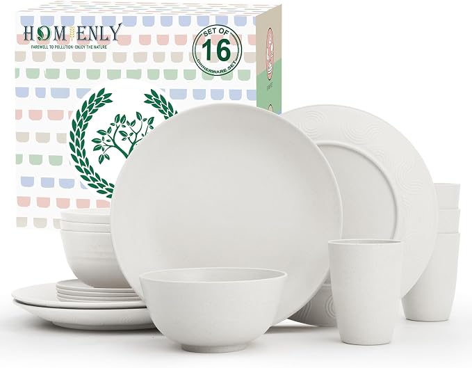 Wheat Straw Dinnerware Sets - 16 PCS Unbreakable Dinner Plates,Dessert Plates,Cereal Bowls,Drinking Cups,Dishes Sets for 4，Reusable Dishwasher & Microwave Safe for Kitchen - White