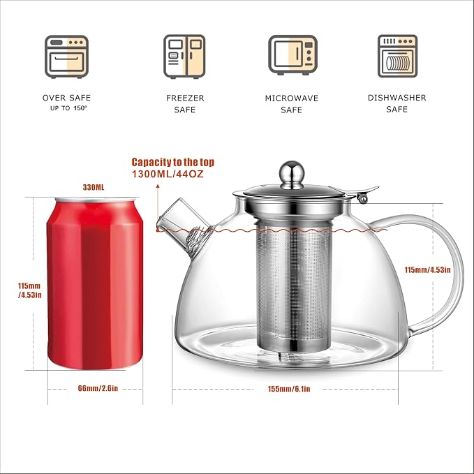 Ehugos Glass Teapot with Removable Infuser, 1300ml/44 oz Stovetop Safe Hand Crafted Clear tea kettle for Loose Leaf Tea, Hot/Iced Water, Juice Beverage