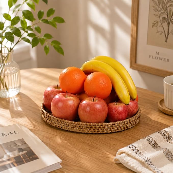 Round Rattan Serving Trays, Set of 3, White Leaf | Coffee Table Trays, Decorative Wicker Trays, Bread and Fruit Display, Ottoman Tray Set, Leaf Pattern