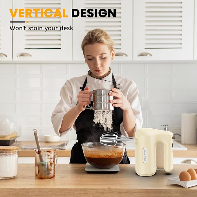 Lord Eagle 5-Speed Small Hand Mixer Electric, 300W Compact Portable, Cream | Handheld Kitchen Mixer Egg Beater with 5 Attachments & Storage Bag, Cake Supplies for Bread Dough Baking, Lightweight