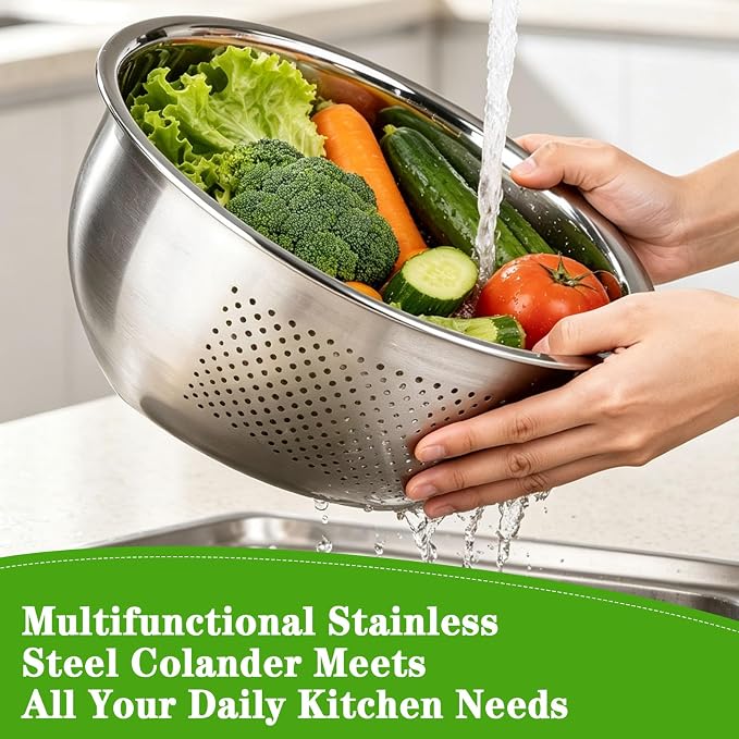 Rice Washer Strainer Bowl, 4 QT Stainless Steel Colander with Side Drainer | Colander For Kitchen | 2 mm Fine Mesh | Drains Fast | Dishwasher Safe | Washing Rice, Vegetables, Fruits, Pasta