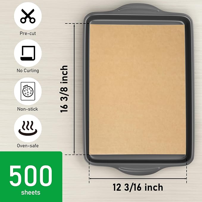EcoDispose 500 Pcs Non-Stick Parchment Paper Baking Sheets 12-3/16"x16-3/8" | Unbleached, Heavy Duty, Pre-Cut, Greaseproof Full Pan liner for Bake