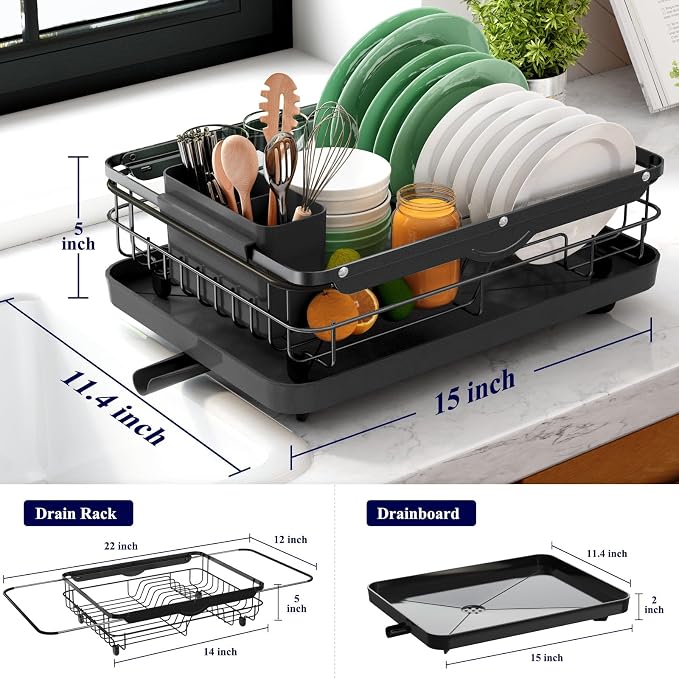 Kitsure Dish Drying Rack for Kitchen Counter, 12.2''W x 15.7''~23''L, Black | Stainless Steel Sink Organization, Cutlery Holder, Home and Appartment Decor