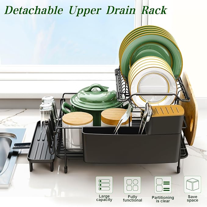 Runnatal Large Dish Drying Rack with Drainboard Set, Stainless Steel Detachable 2-in-1 Large-Capacity 2-Tier Over The Sink Anti-Rust Dish Rack and Dish Drainer for Kitchen Counter | 2 Tier Extendable Stainless Steel Dish Rack Used in Sink & Kitchen Cou...