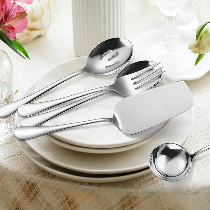 Serving Utensils 7 Pieces Stainless Steel Flatware include Cake Knife Server Large Spoon Spatula Big Fork Pefect For Festival Parties Buffet Catering Silverware