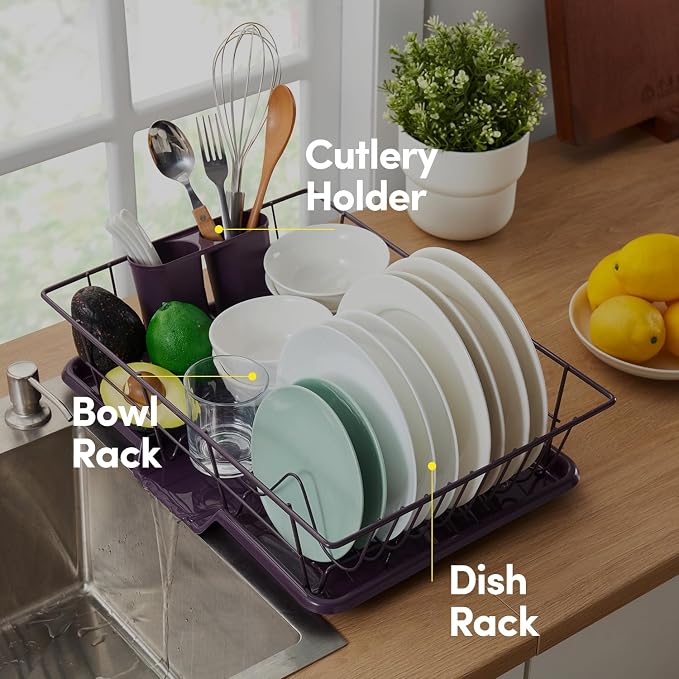 Space-Saving 3-Piece Dish Drainer Rack Set: Efficient Kitchen Organizer for Quick Drying and Storage - Includes Cutlery Holder and Drainboard - Maximize Countertop Space, Eggplant Purple