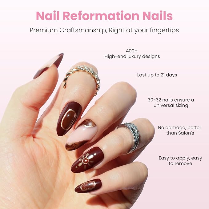 Nail Reformation Press On Nails, Sun Stone | Medium Almond Fake Nails | with 3D Golden Shimmer on Amber Glow Base in Glossy Finish, Reusable Stick On Nails in 15 Sizes - 30 Nail Kit for Women Gifts
