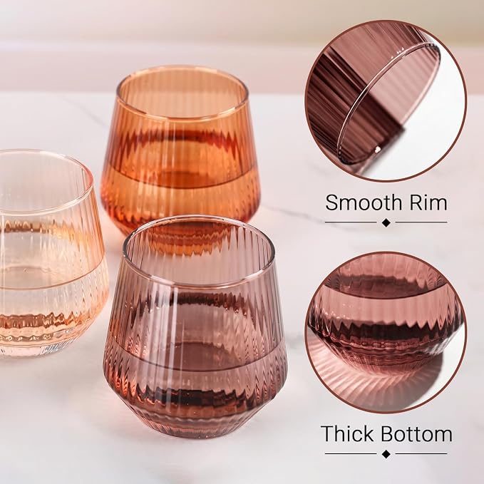 Brown Stemless Wine Glasses Set of 6, 12.5 Oz Lead-Free Ribbed Drinking Glass Cup for Wine, Cocktails, Champagne and Whiskey, Ideal Gifts for Weddings, Bars, Christmas, Halloween,Party, Daily Use