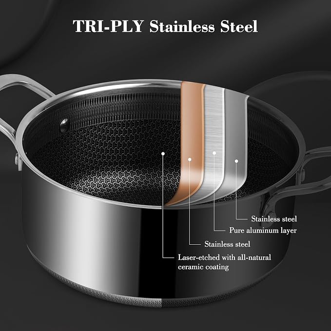 Hybrid Nonstick 5.2 QT Stock Pot with Tempered Glass Lid, Stay-Cool Handles, Dishwasher & Oven-Safe Up to 500°F, Non-toxic PFOA Free Induction Ready, Compatible with All Cooktops