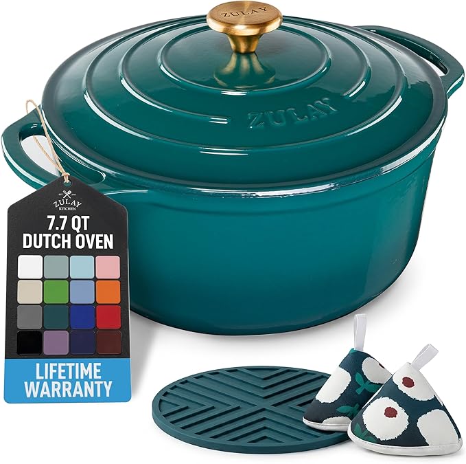 Zulay Kitchen 7.7 Quart Enameled Cast Iron Dutch Oven Pot with Lid – Premium Durability & Oven Safe up to 500°F – Heavy Duty Cookware Perfect for Bread Baking, Stews, Braising & Roasting – Emerald