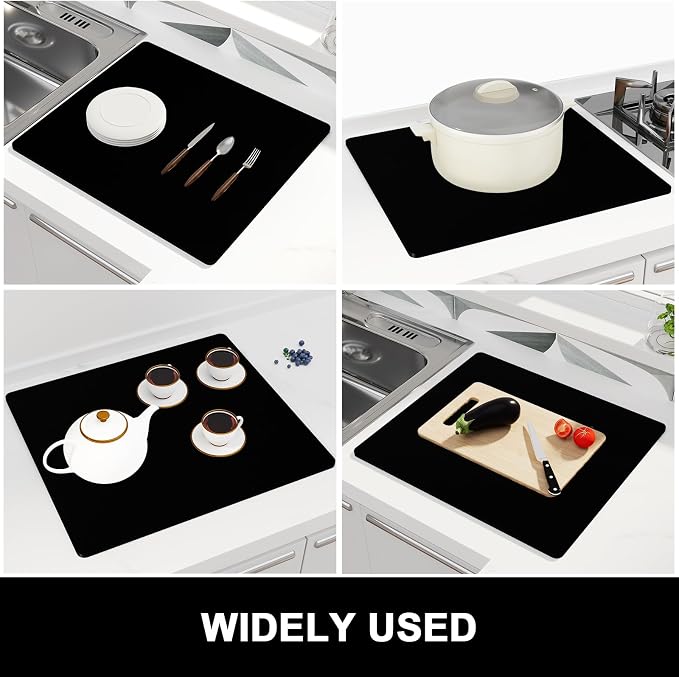 Rnivvi Dish Drying Mat, 16x18" Absorbent Drying Mat for Kitchen Counter, Cute Heat Resistant Dish Drying Pad Anti-Slip Dish Mat Drying Kitchen Mat, Dish Rack Mats for Bar Counter, Jet Black