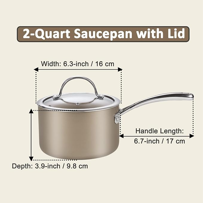 Cooks Standard Classic 2 Quart Saucepan with Glass Lid, Hard Anodized Ceramic Nonstick Sauce Pan, Small Kitchen Sauce Pot Milk Pan, Dishwasher & Oven Safe, Induction Compatible Cookware, Bronze