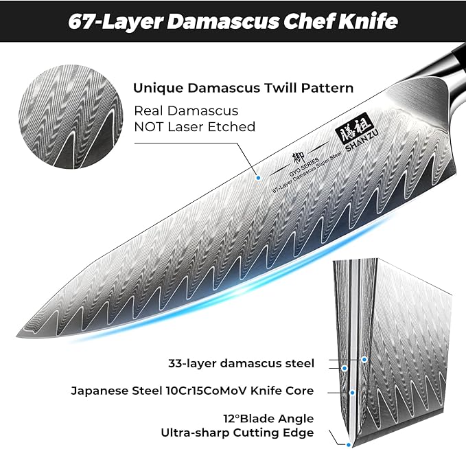 SHAN ZU 7-Piece Damascus Knife Set | Professional Kitchen Knife Sets for Chefs, Japanese 10Cr15MoV Super Steel Knife Block Set With G10 Handle , GYO Series