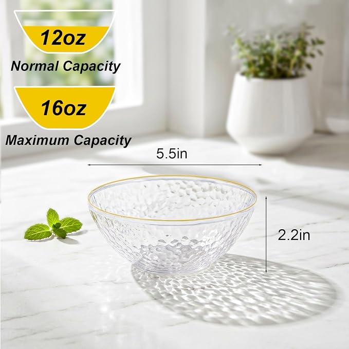 Rubtlamp 100 Pack Clear Disposable Bowls, Clear Plastic Bowls with Gold Rim, 12-16oz Premium Heavy Duty Plastic Hammered soup Bowls for Milk Cereals, Snacks, Salads