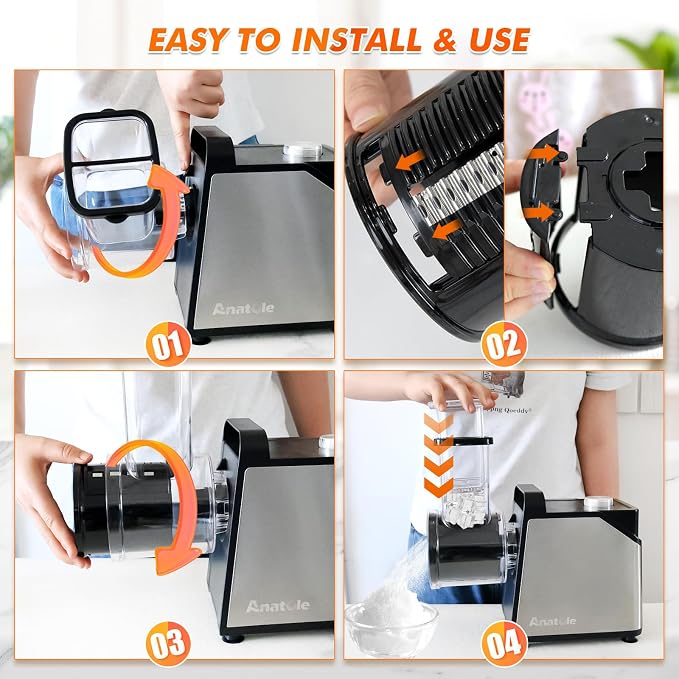 Anatole 7-In-1 Electric Cheese Grater Ice Shaver Vegetable Shredder 250W | Vegetable Fruit Shred & Slice & Grind, Stainless Steel, Large Inlet & Outlet, BPA-Free, for Block Cheese Cabbage Carrot 110V