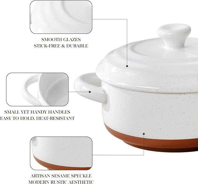 MALACASA 12 OZ Mini Dutch Oven Set, Small Cocotte Set of 4, Ceramic | Ramekins with Handles, Single Serving, Small Casserole Dishes for Oven, Soufflé, French Onion Soup, Oven Safe, Khaki White