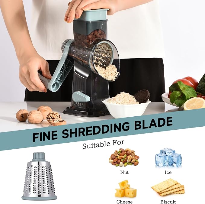 Rotary Cheese Grater with Handle Kitchen Shredder Slicer Grater Slicer Ice Shaver Cheese Vegetable Nuts Potato Zucchini Chocolate 3 Interchangeable Blades (GreyBlue)