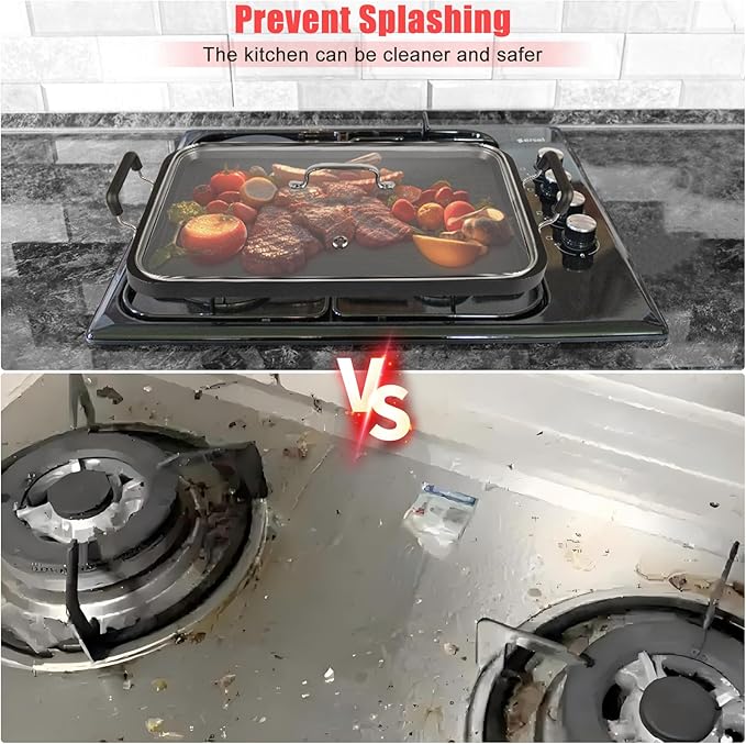 2 Burner Griddle Pan with Glass Lid, Stove Top Flat for Glass Stove Top, Aluminum Pancake, Non-Stick for Gas Grill, Double Burner Camping