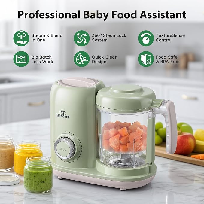 AMZBABYCHEF Baby Food Maker, 4 in 1 Baby Food Processor and Steamer, Puree Blender, Multifunctional Baby Puree Maker, Dishwasher Safe (Green)