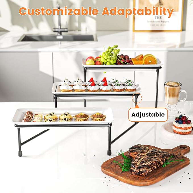 3 Tier Serving Tray for Party, 15" Steel Stand, Tiered Platter, Black | Steel frame, sturdy & stable. For cookies, veggie, dessert & fruit. Ideal for parties, weddings, BBQ & events.
