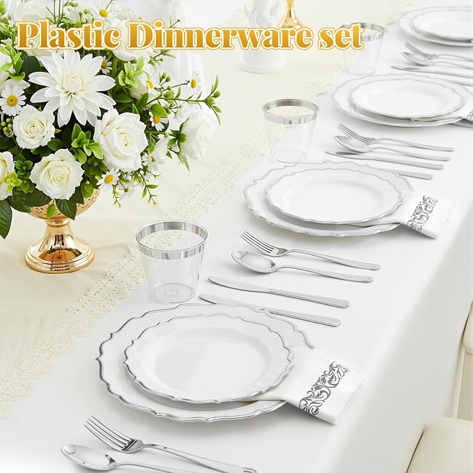 Glowserve 175 Piece Disposable Plastic Plates Dinnerware Set for 25 Guests | 50 Plastic Plates,25 Silverware Set,25 Cups and Napkins,Wedding Birthday,Family Party,Fancy Plastic Plates
