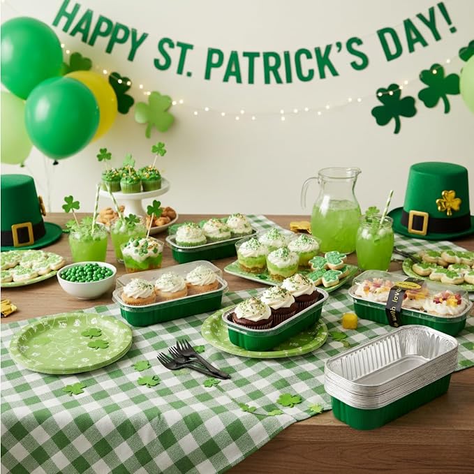 30 Pack 6.8oz Christmas Green Disposable Rectangular Aluminum Foil Mini Loaf Pans with Lids,Mini Cake Pans for Baking, Loaf Baking Pans, Small Individual Containerfor for Patrick’s Day Party Picnics