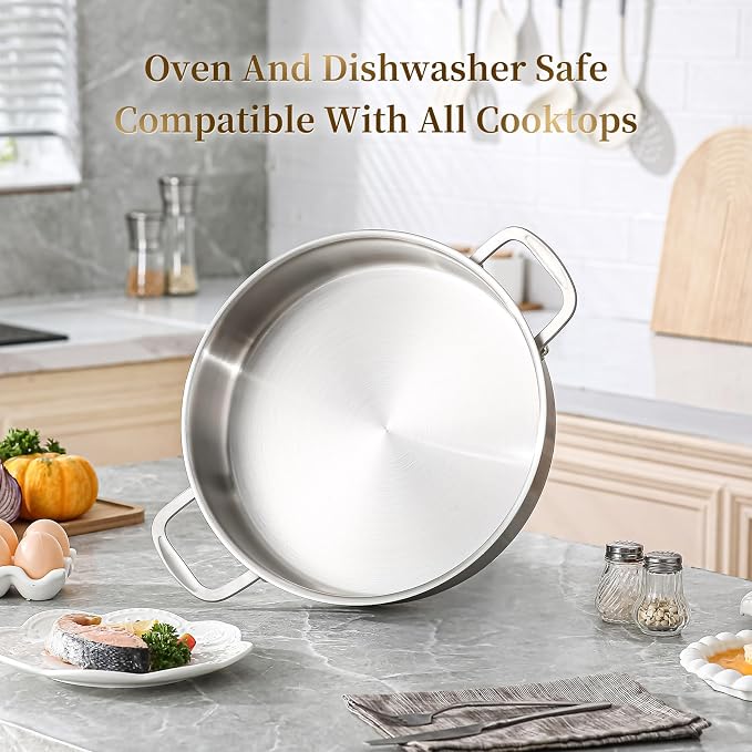 DELARLO 8QT Saute Pan Jumbo Cooker Tri-Ply Stainless Steel Pan | 13 Inch Deep Frying Pan with Steel cover, Kitchen Large Skillet, Heavy Duty Style Compatible with All Cooktops Up to 650℉