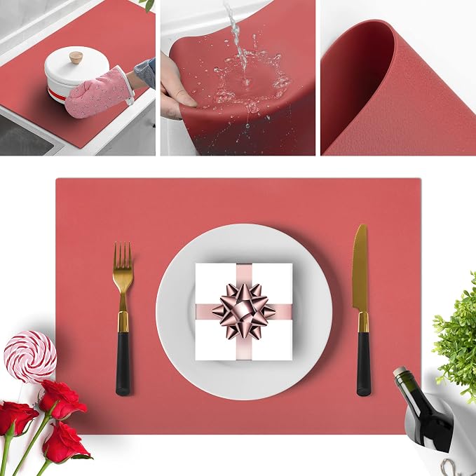 IYYI Silicone Placemats, Dining Placemats Set of 4, Waterproof Placemats for Kids, Non-Slip Silicone Mats for Dinner Table, Heat Resistant & Dishwasher Safe (Wine Red, 17.6" ×12.5")