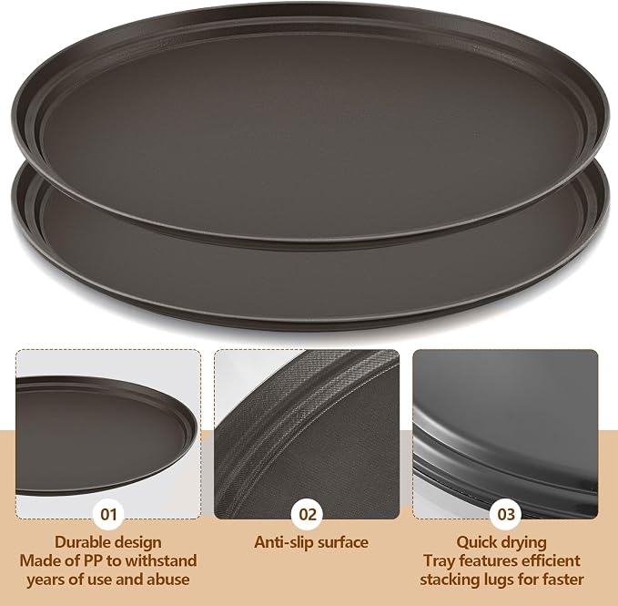 FillTouch 2 Pcs Restaurant Serving Trays PP Plastic Non Slip Rubber Lined Large Oval Tray for Kitchen Dining Room Cafeterias Fast Food Service (24 x 29 Inch,Brown)