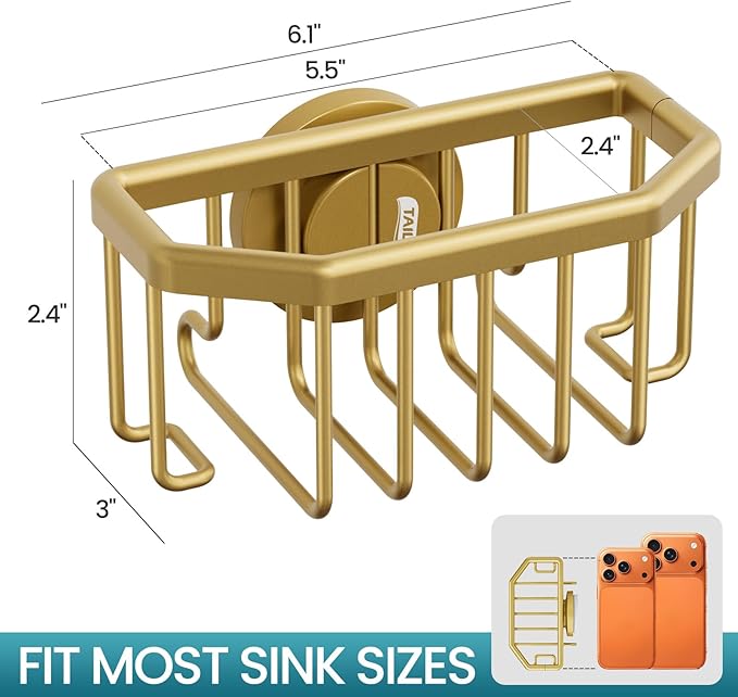 TAILI Sponge Holder for Kitchen Sink with Suction Cup-Gold, Aluminum | Rustproof Aluminum Sink Caddy for Sponges,Brushes,Stoppers & Scrapers,Removable Ventilated Quick-dry Design, holds Up 11lbs
