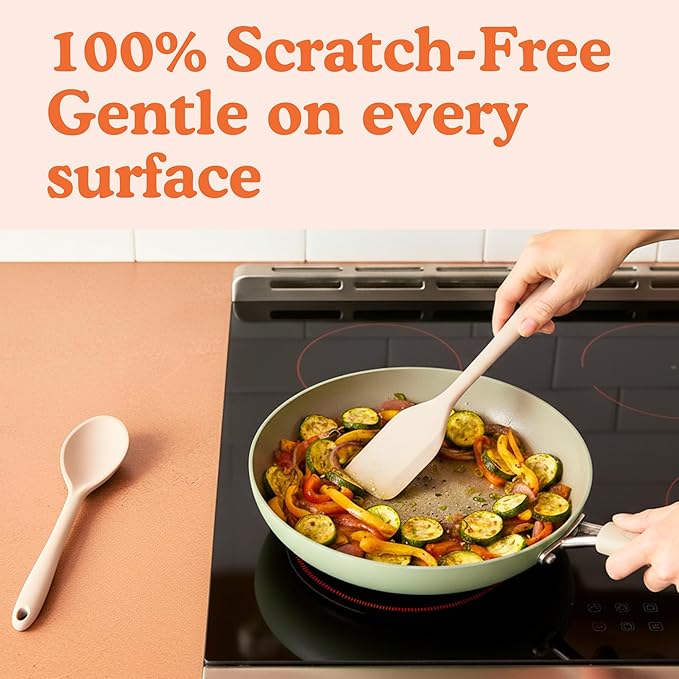 NonToxic Platinum Silicone Utensils, 100% Plastic-Free, 8-Pcs, Beige | LFGB-certified platinum silicone. Solid steel core, no hidden plastics. 500°F heat resistant. Non-scratch. Dishwasher safe