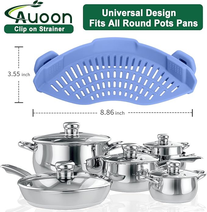 AUOON Clip On Pot Strainer Silicone, Standard 8.86 x 3.55in, Blue Velvet | BPA-free, Fits All Pots Pans Bowls, Dishwasher Safe, for Pasta Noodles Vegetable Fruits, Space-saving Kitchen Gadget
