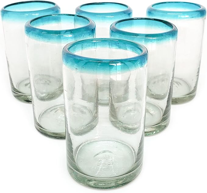 Aqua Blue Rim 9 oz Juice Glasses (set of 6) Mexican Handmade Glassware, Recycled Glass, Lead-free, Toxin-Free (Juice)